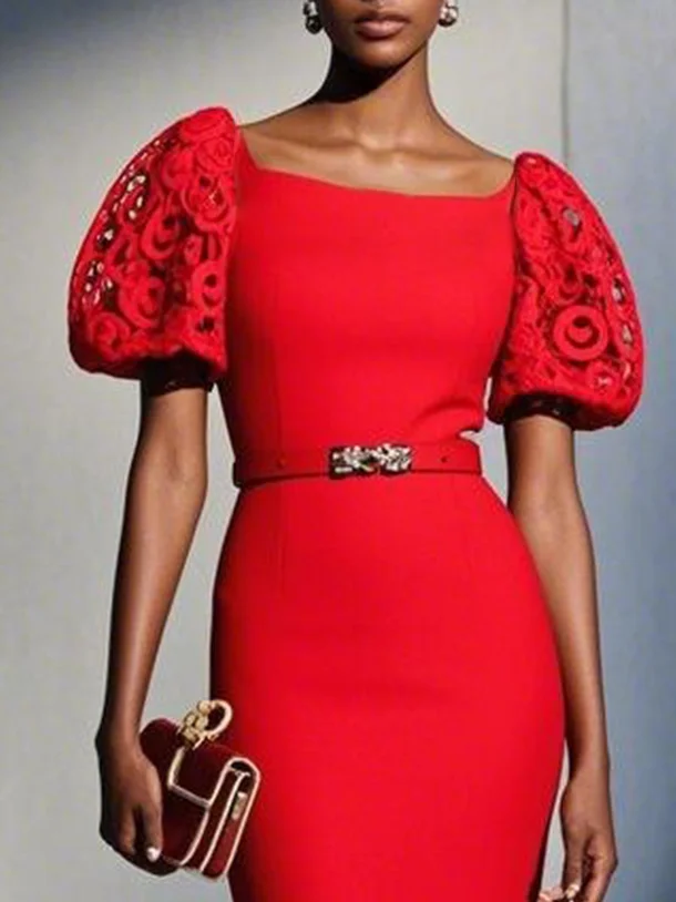 Red Lace Classic Boat Neck Short Sleeve Balloon Sleeve Sheath Maxi Dress