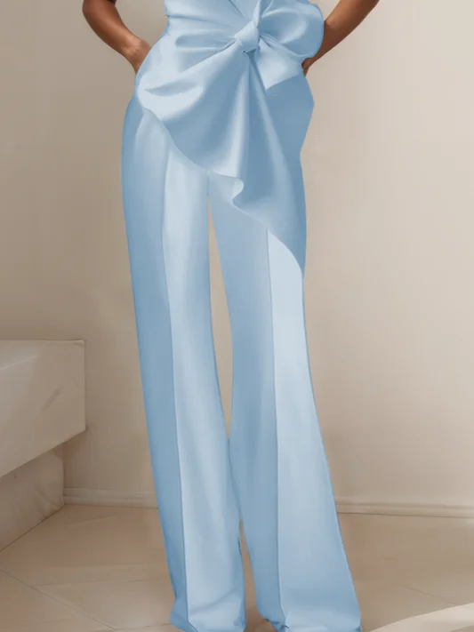 Women White Boat Neck Sleeveless Bow Wide-Leg Jumpsuit