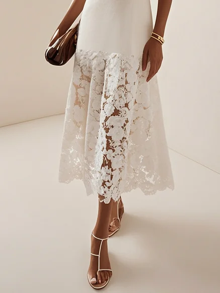 White Lace Sleeveless A-Line Midi Tank Dress