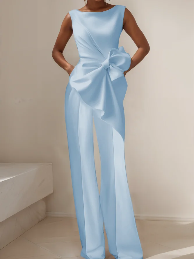 Women White Boat Neck Sleeveless Bow Wide-Leg Jumpsuit