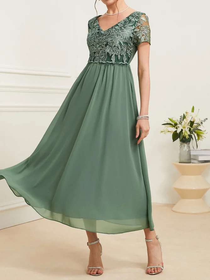 Green Lace Chiffon V Neck Short Sleeve A-Line Midi Dress