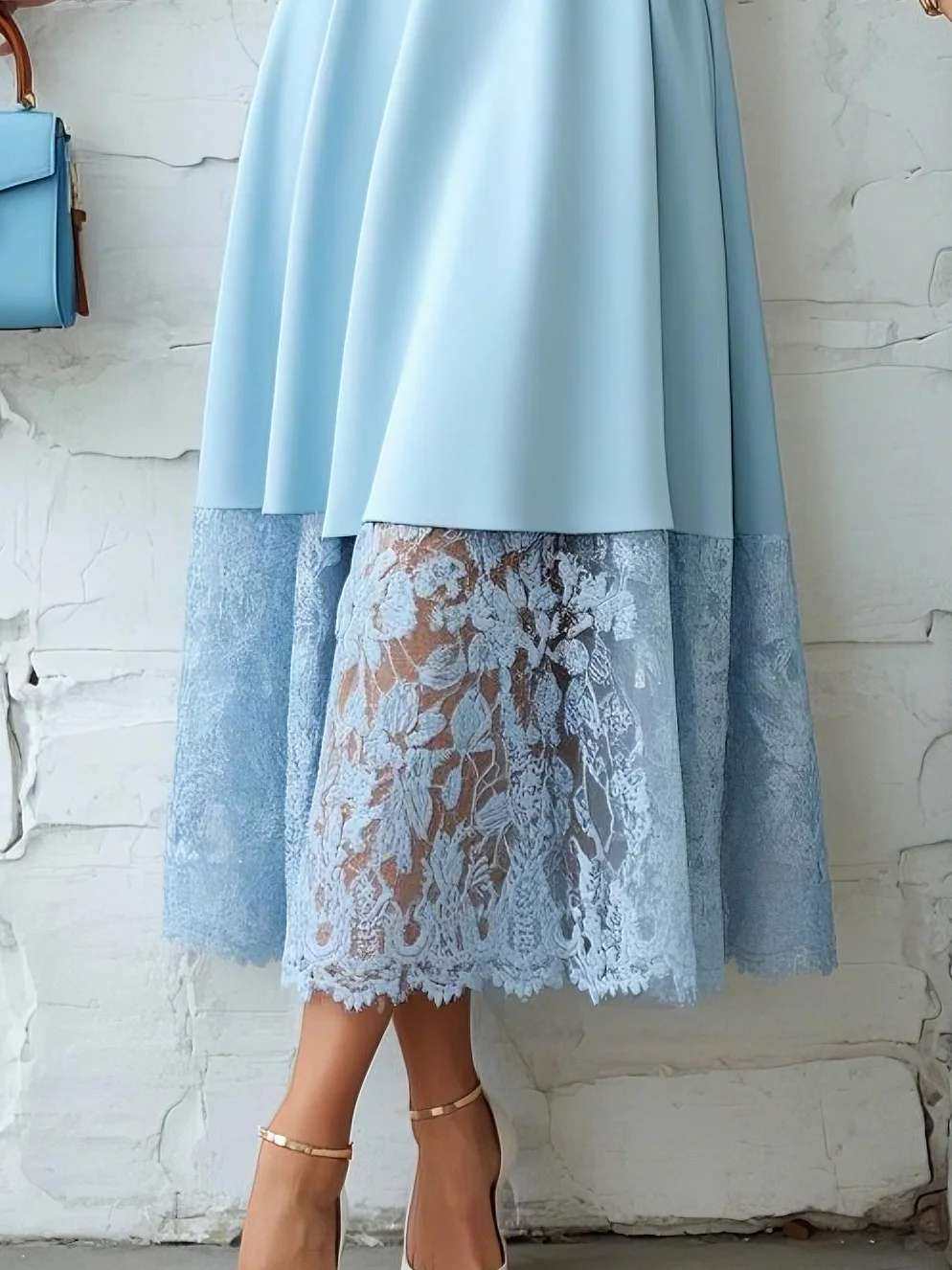 Light Blue Lace Classic V Neck Short Sleeve A-Line Midi Dress