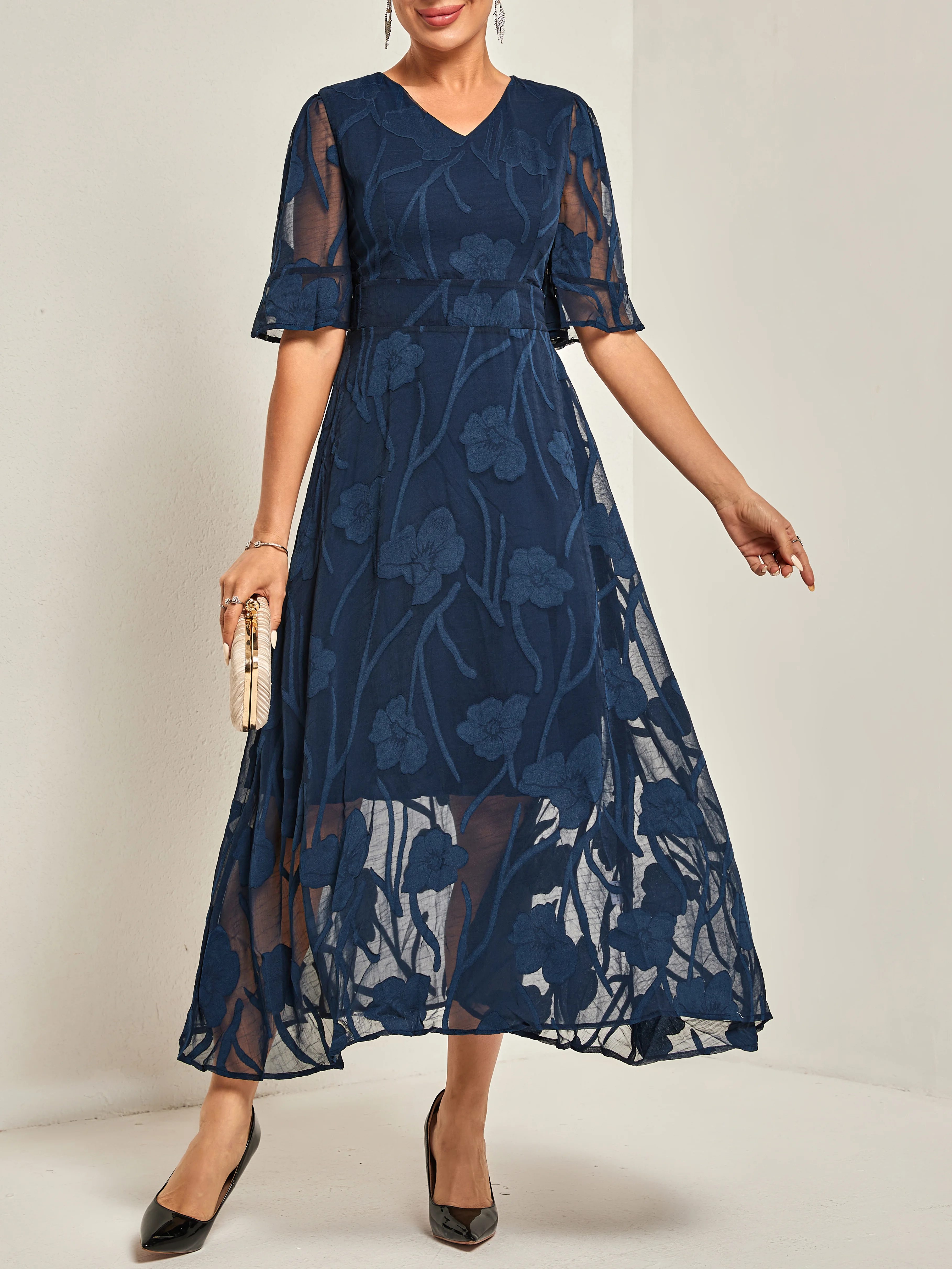 Purplish blue Lace Lace V Neck Short Sleeve A-Line Midi Dress