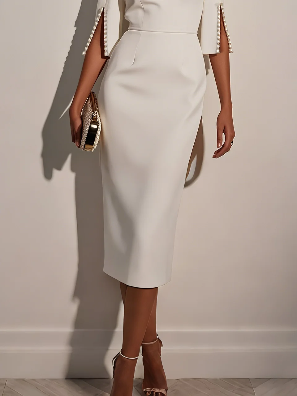 White Imitation Pearls Classic Crew Neck Half Sleeve Sheath Midi Dress