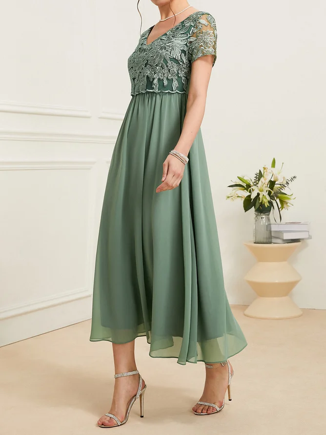 Green Lace Chiffon V Neck Short Sleeve A-Line Midi Dress