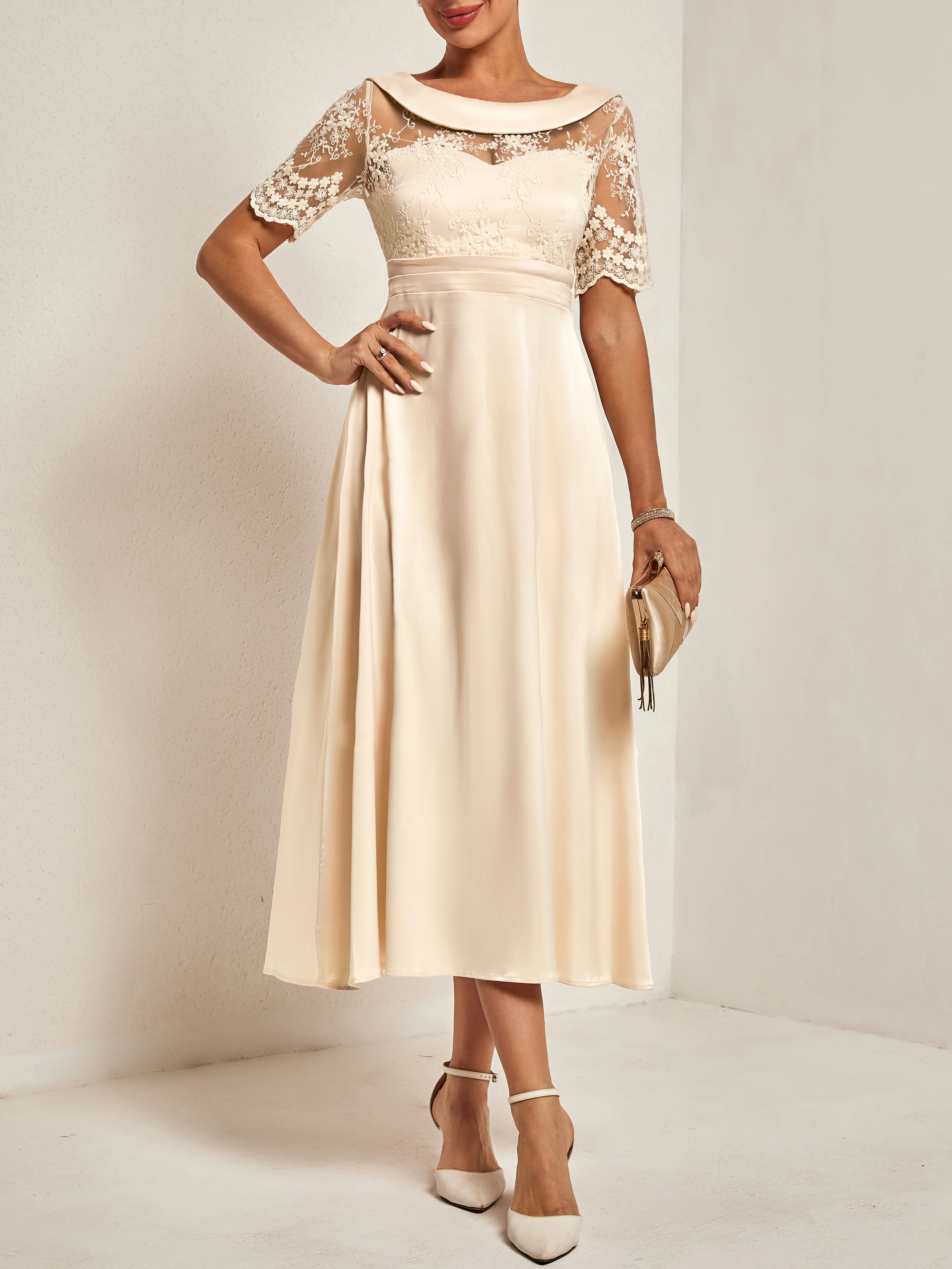 Beige Lace Lace Crew Neck Half Sleeve A-Line Midi Dress