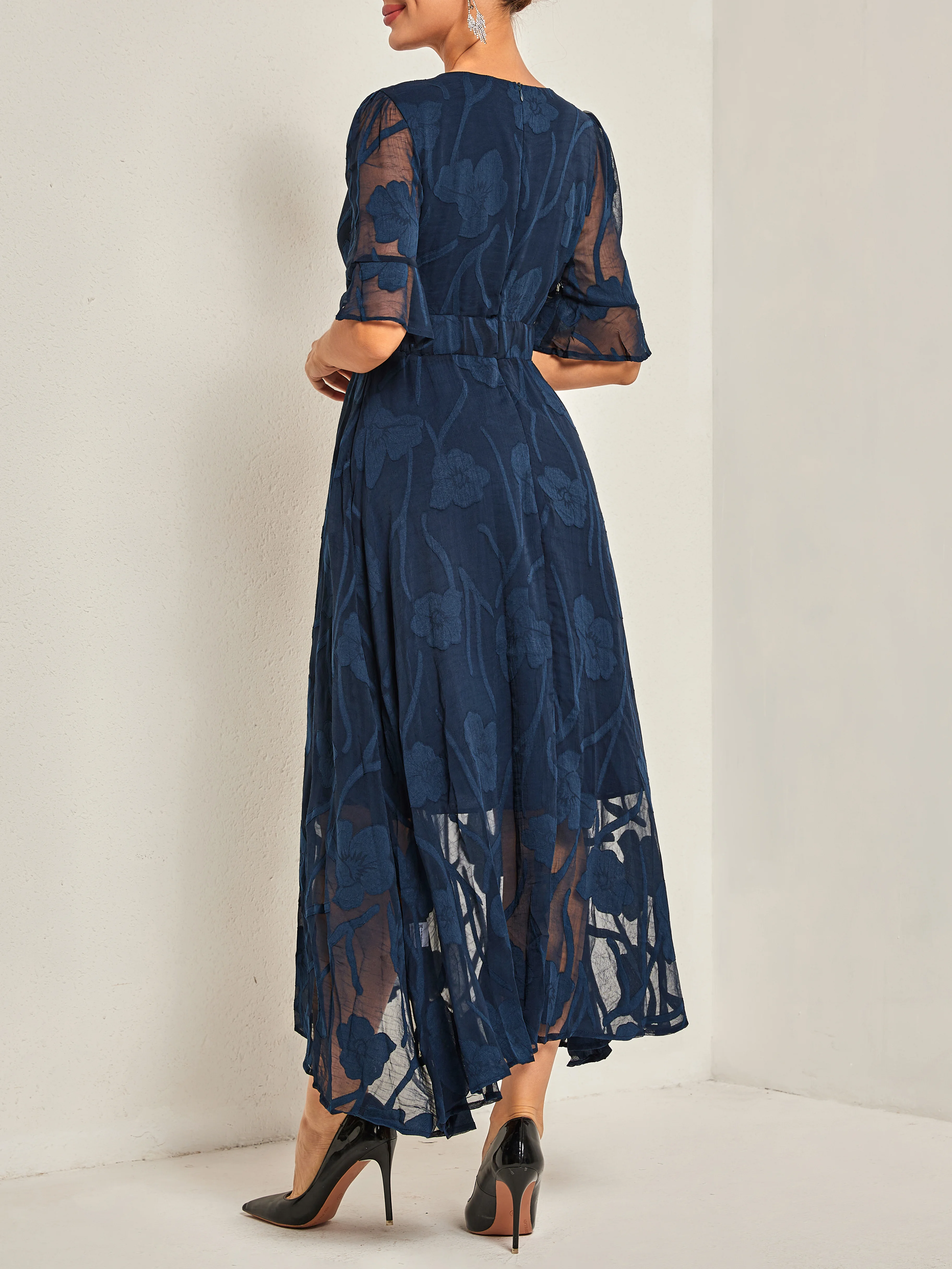 Purplish blue Lace Lace V Neck Short Sleeve A-Line Midi Dress