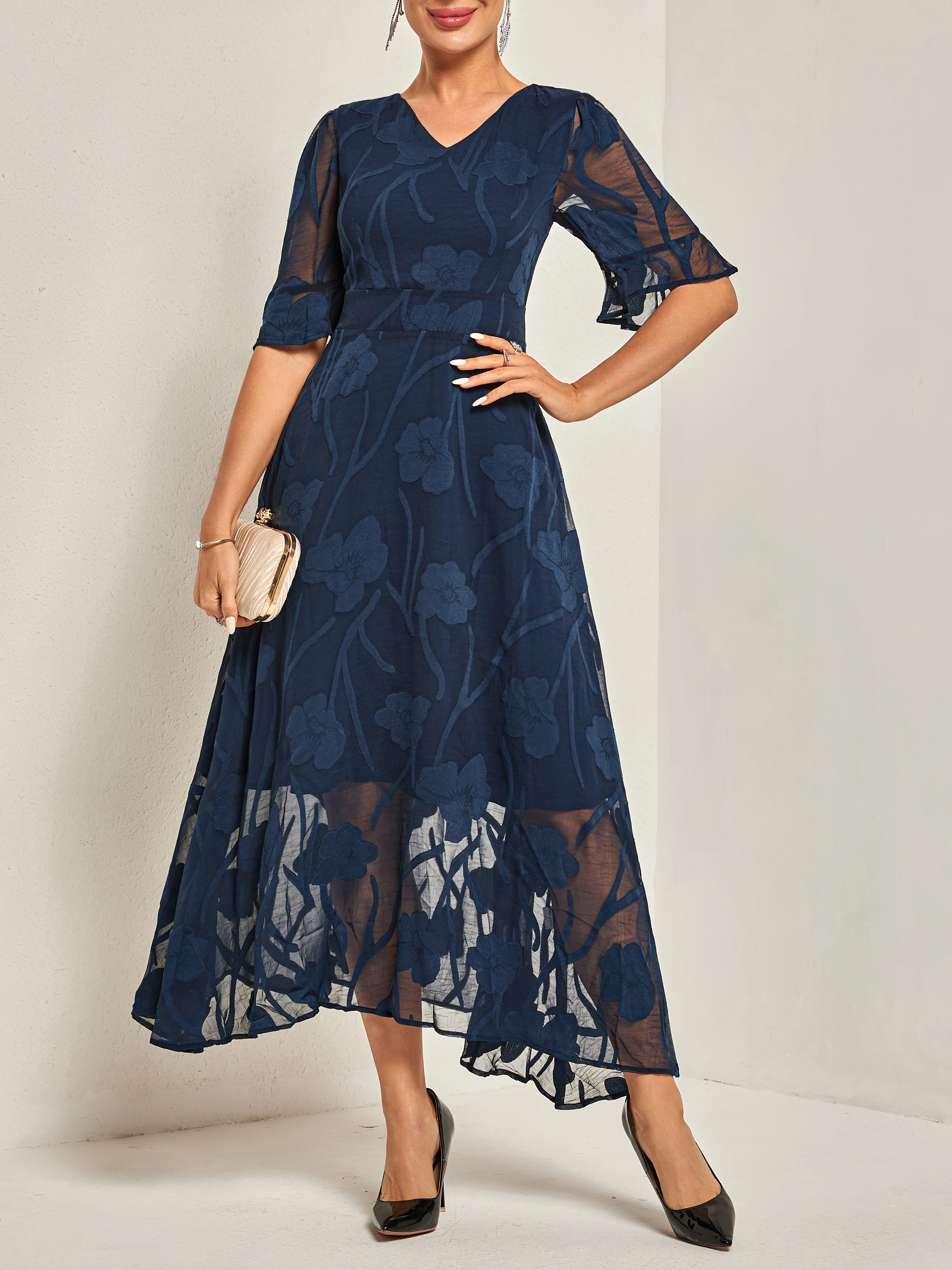 Purplish blue Lace Lace V Neck Short Sleeve A-Line Midi Dress