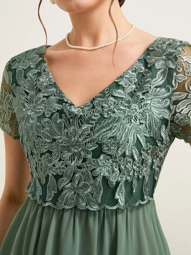 Green Lace Chiffon V Neck Short Sleeve A-Line Midi Dress