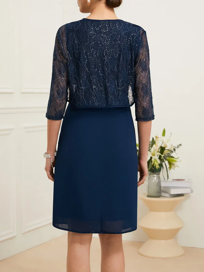 Purplish blue Women Lace Crew Neck Half Sleeve Two-Piece Set