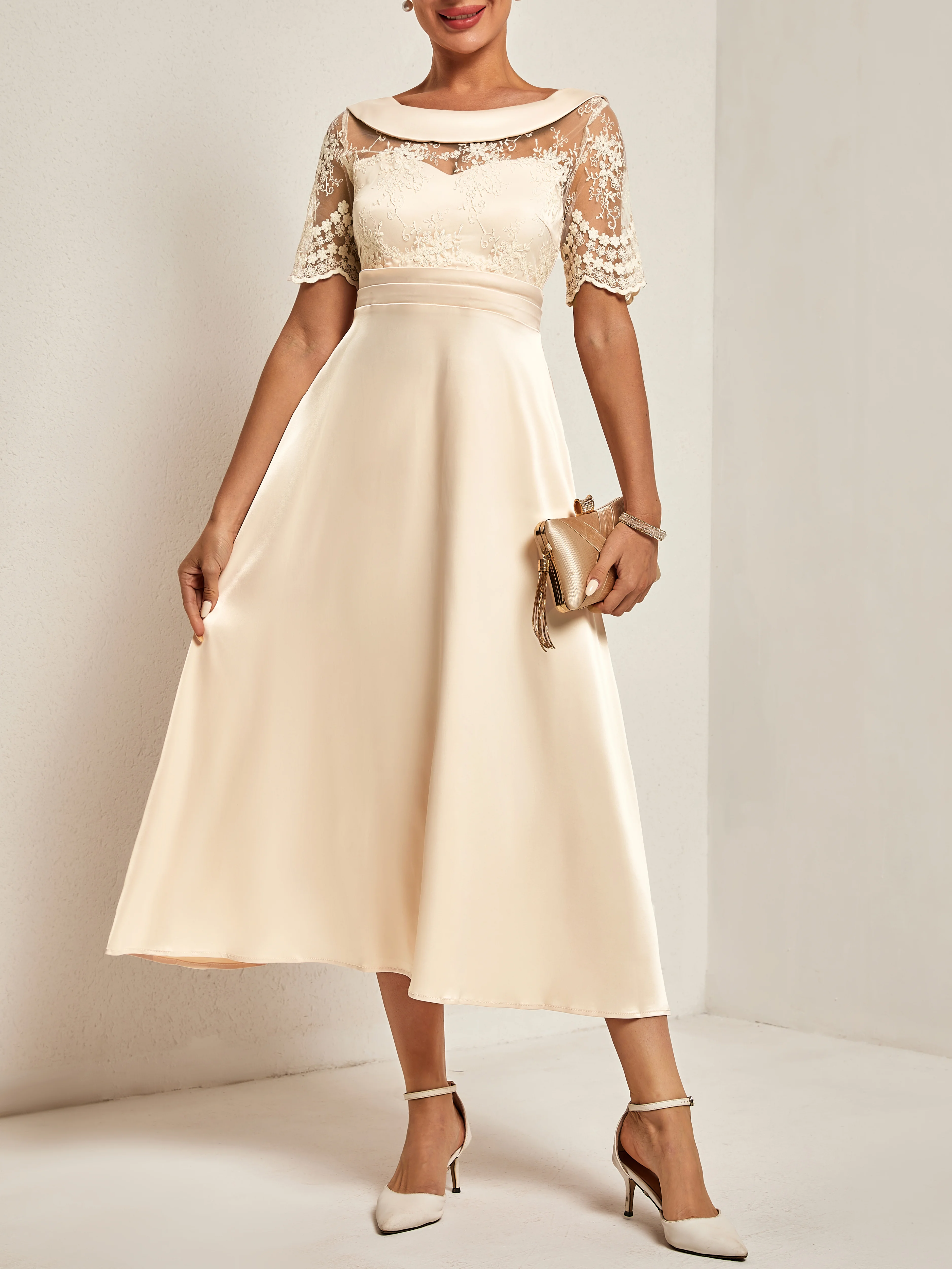 Beige Lace Lace Crew Neck Half Sleeve A-Line Midi Dress