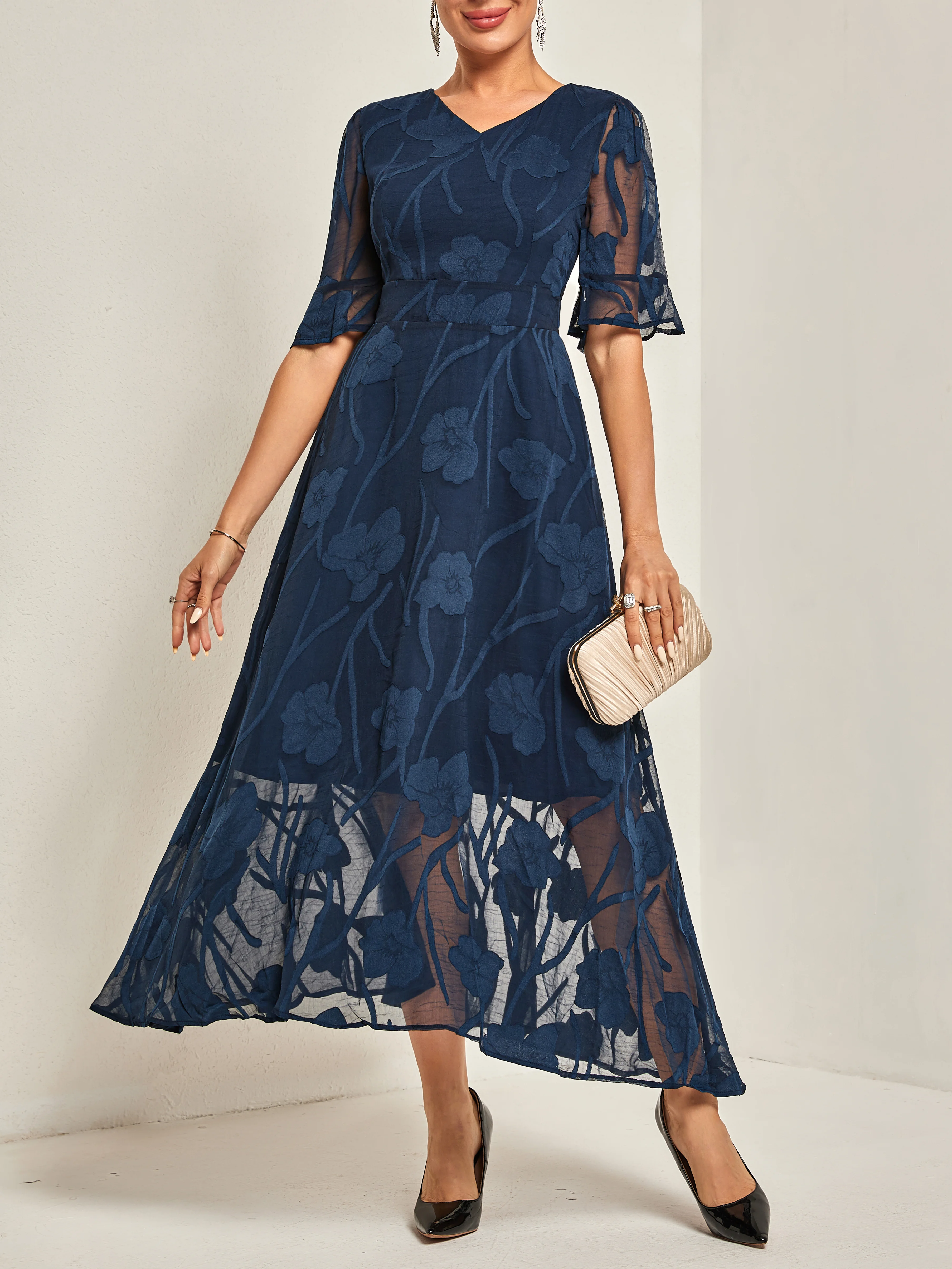 Purplish blue Lace Lace V Neck Short Sleeve A-Line Midi Dress