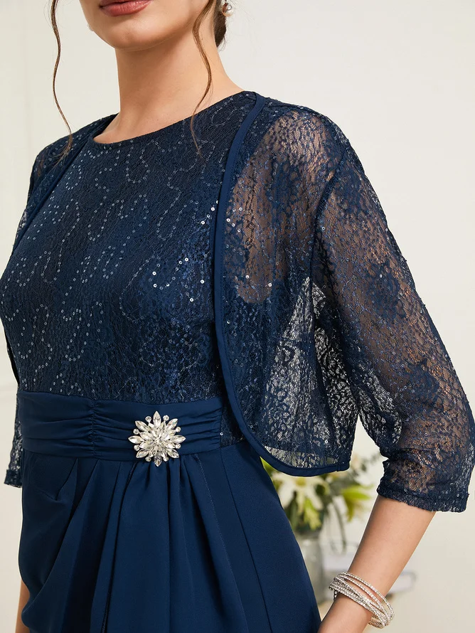 Purplish blue Women Lace Crew Neck Half Sleeve Two-Piece Set