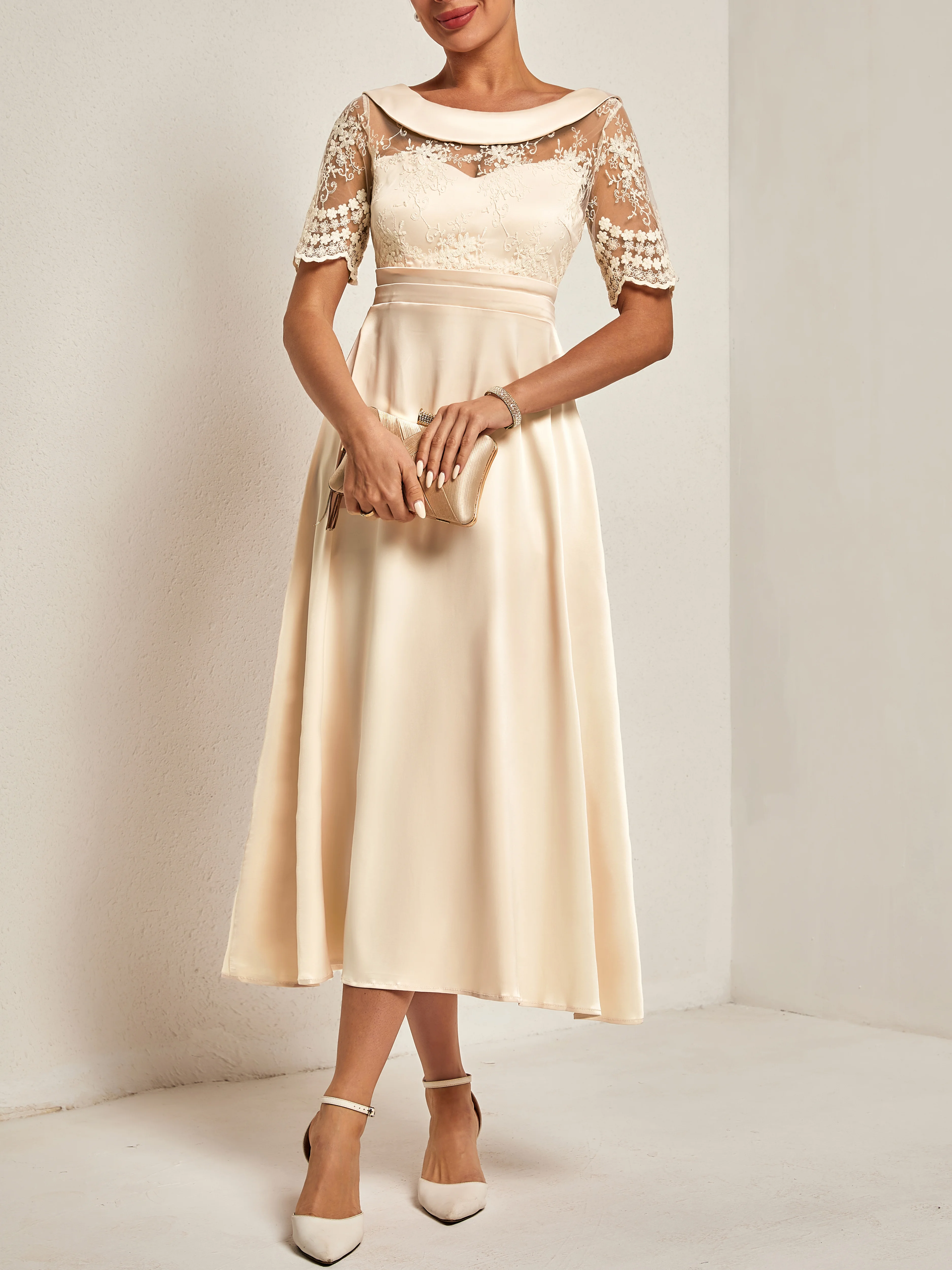 Beige Lace Lace Crew Neck Half Sleeve A-Line Midi Dress