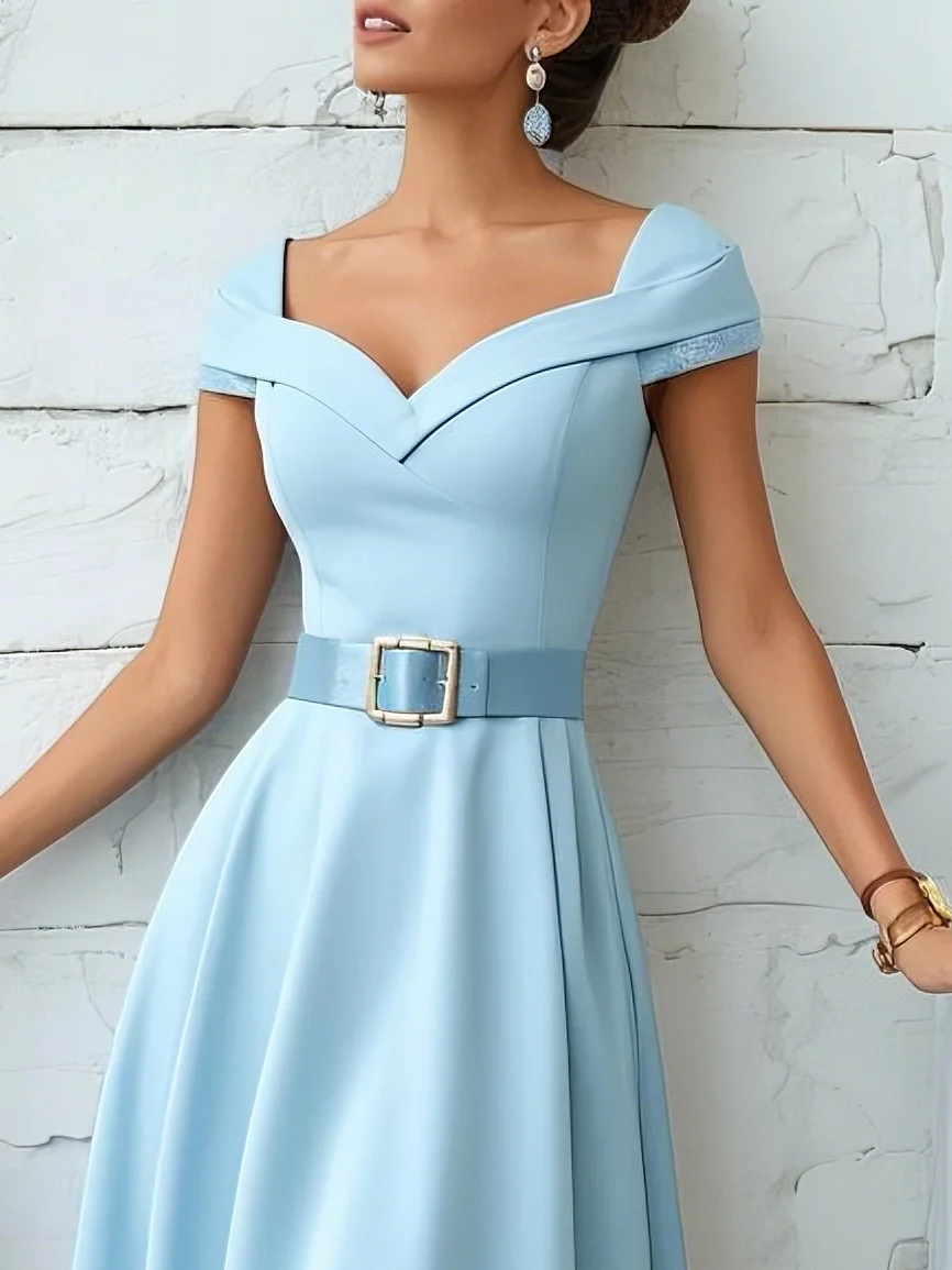 Light Blue Lace Classic V Neck Short Sleeve A-Line Midi Dress
