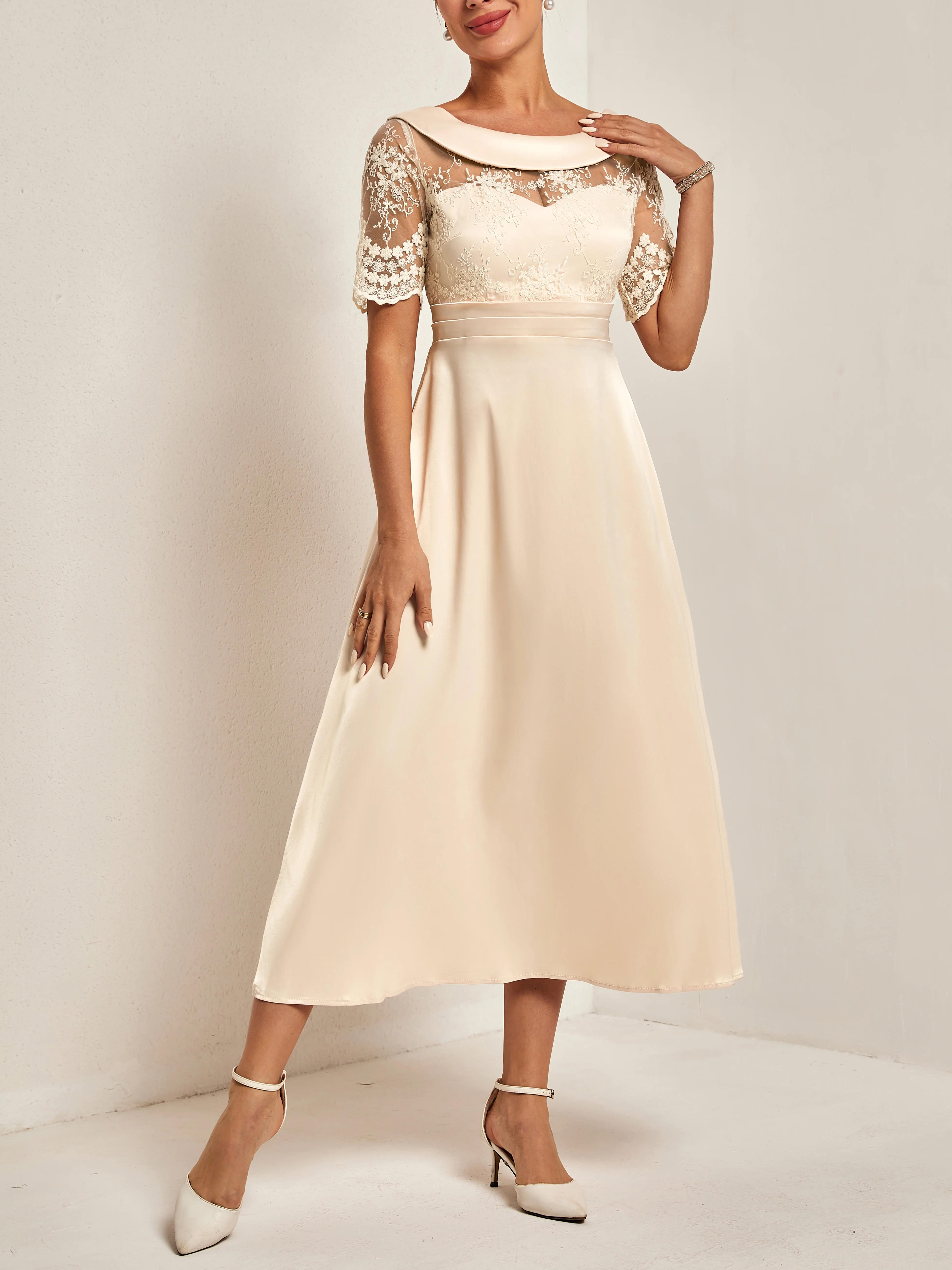 Beige Lace Lace Crew Neck Half Sleeve A-Line Midi Dress