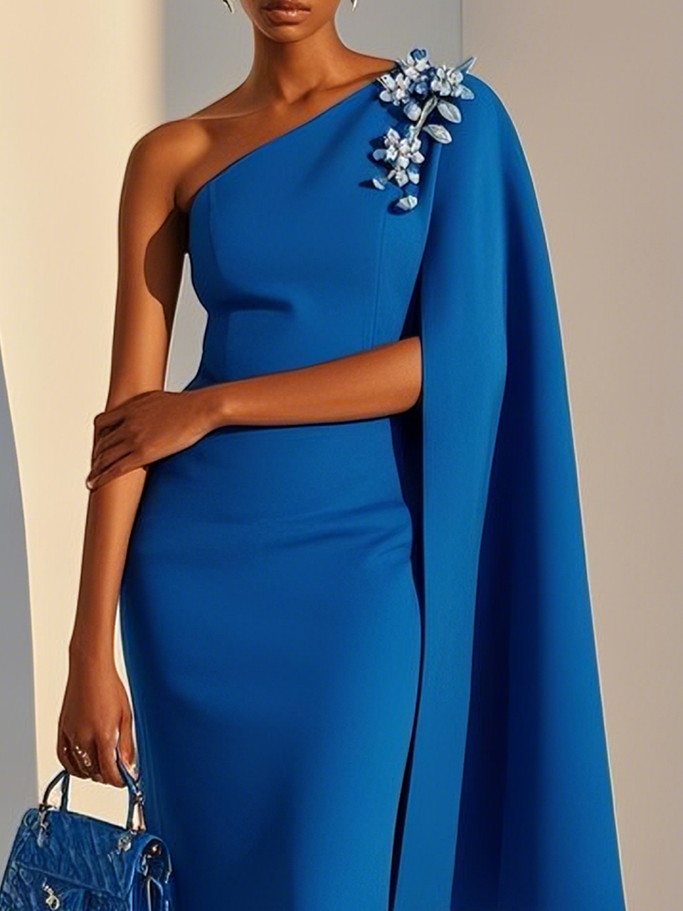 Blue Lace Classic One Shoulder Sleeveless Sheath Midi Dress