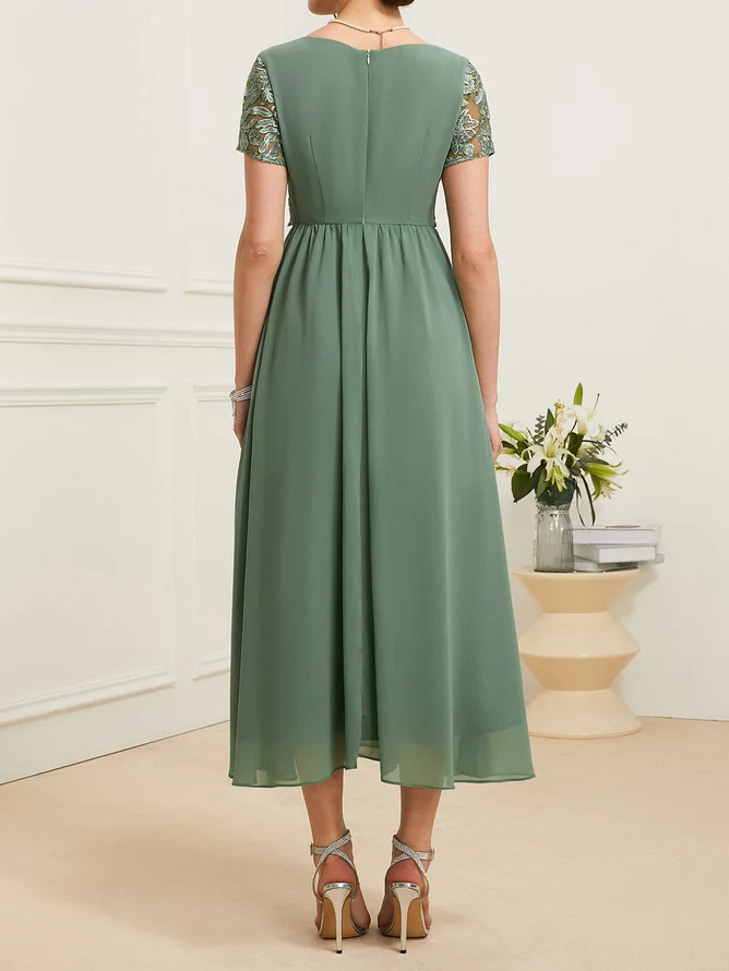 Green Lace Chiffon V Neck Short Sleeve A-Line Midi Dress