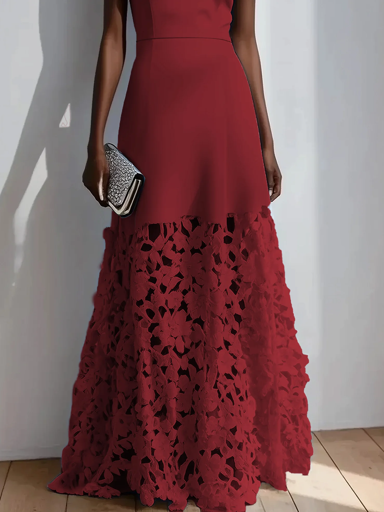 Light Blue Lace Classic Boat Neck Sleeveless A-Line Maxi Dress