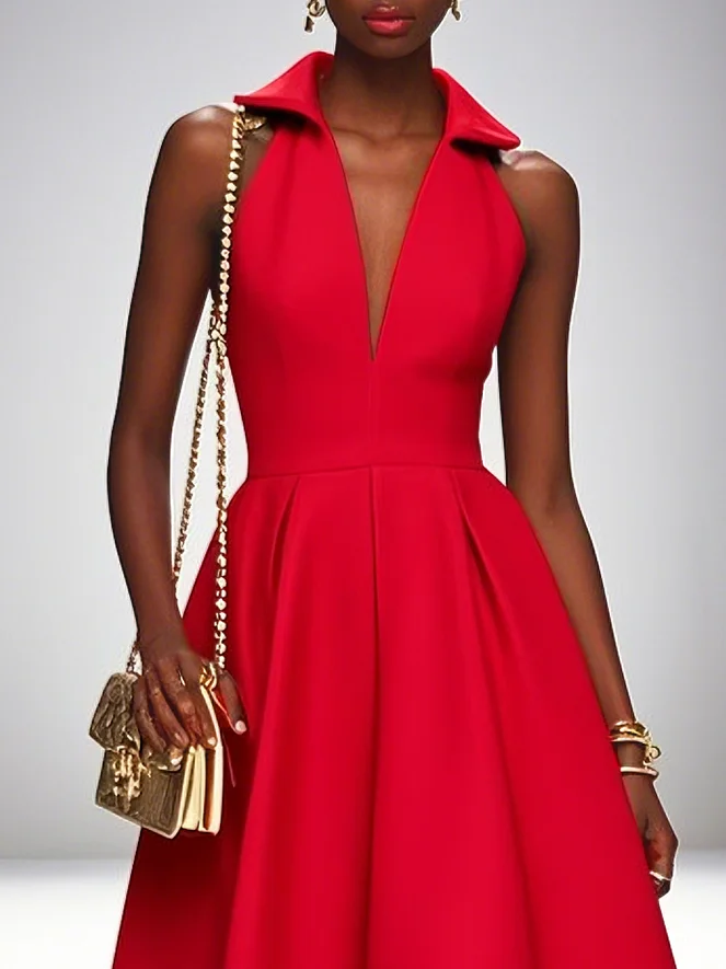 Red Classic Shirt Collar Sleeveless A-Line Midi Dress