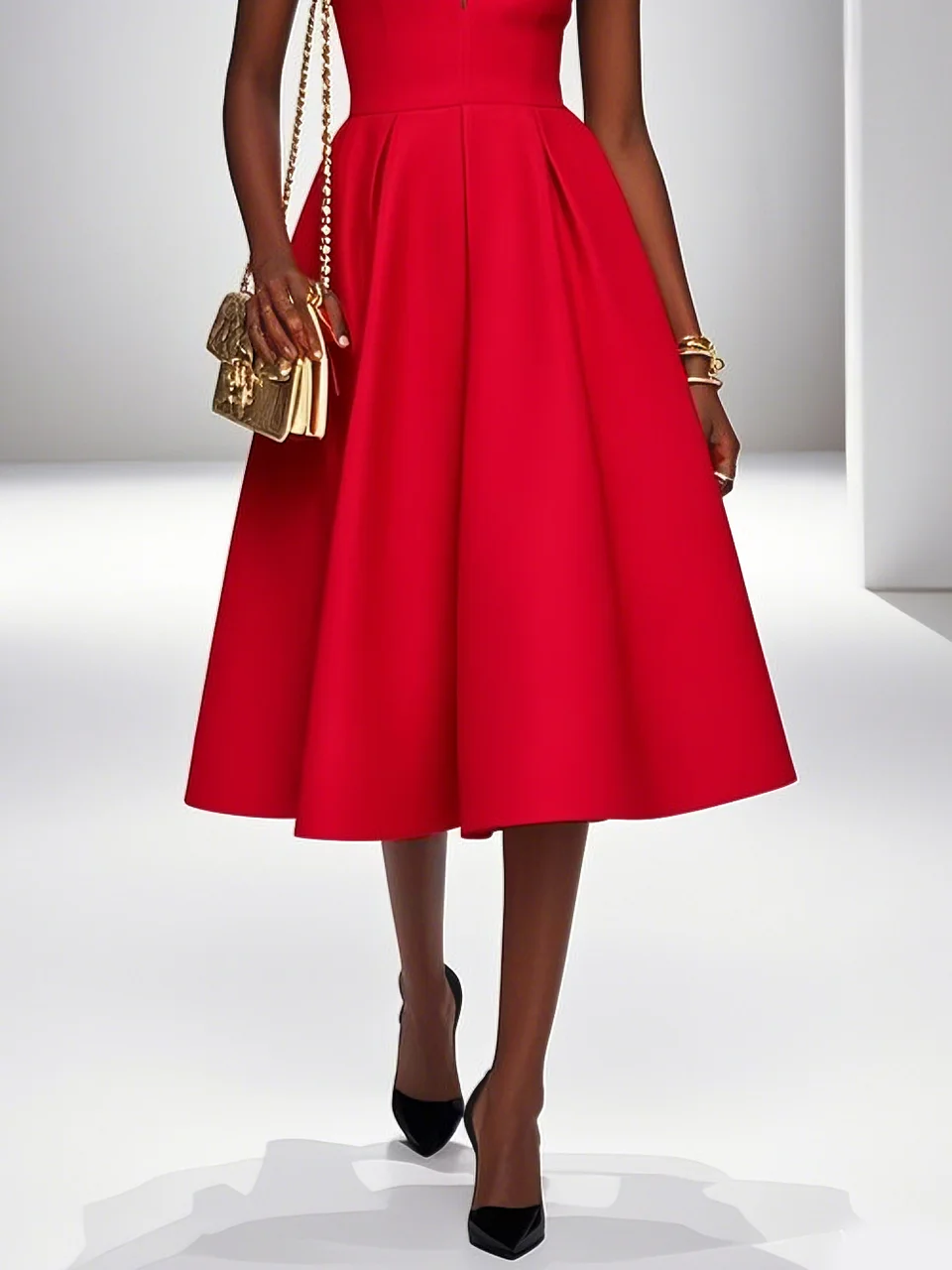 Red Classic Shirt Collar Sleeveless A-Line Midi Dress