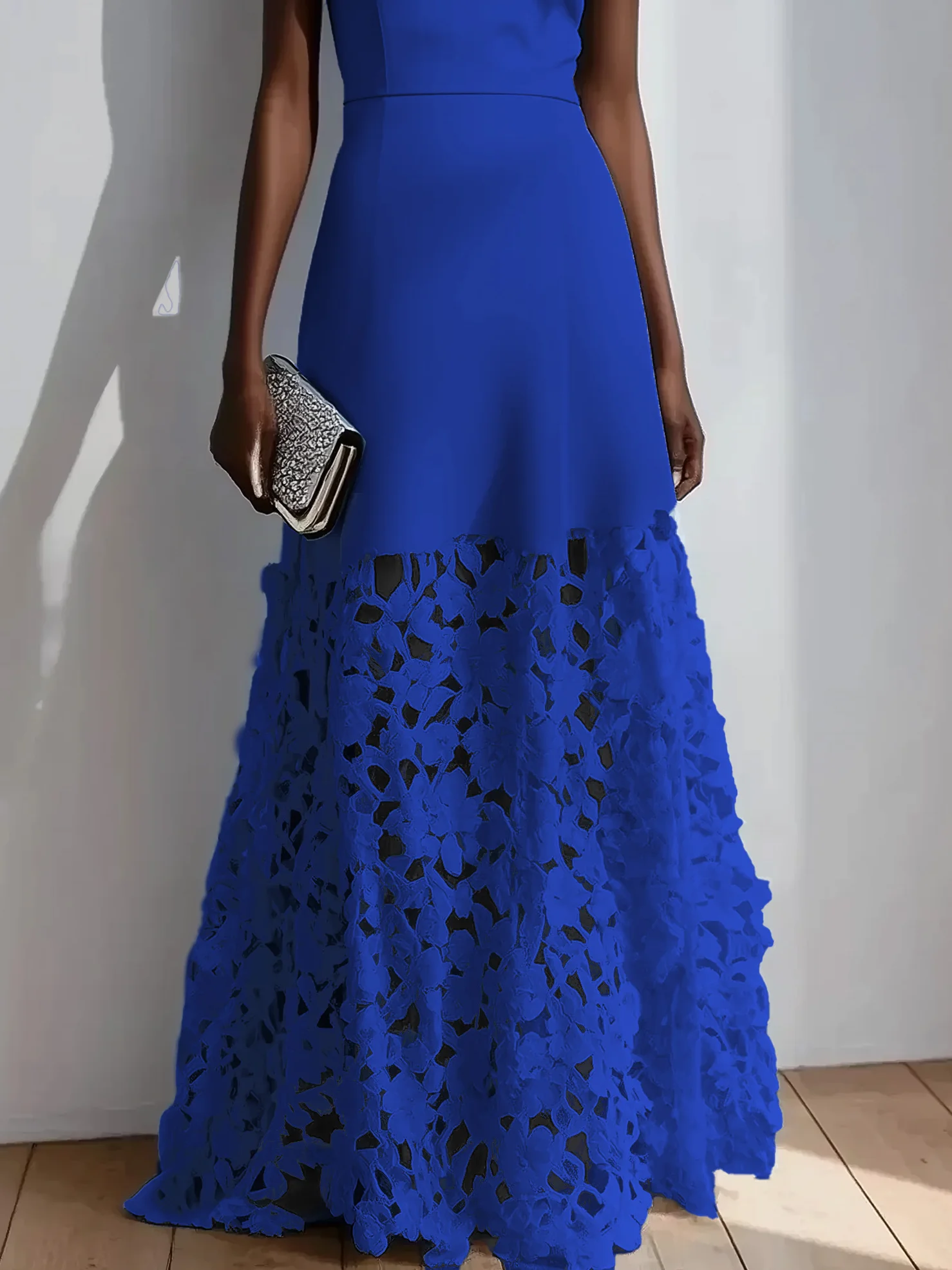 Light Blue Lace Classic Boat Neck Sleeveless A-Line Maxi Dress