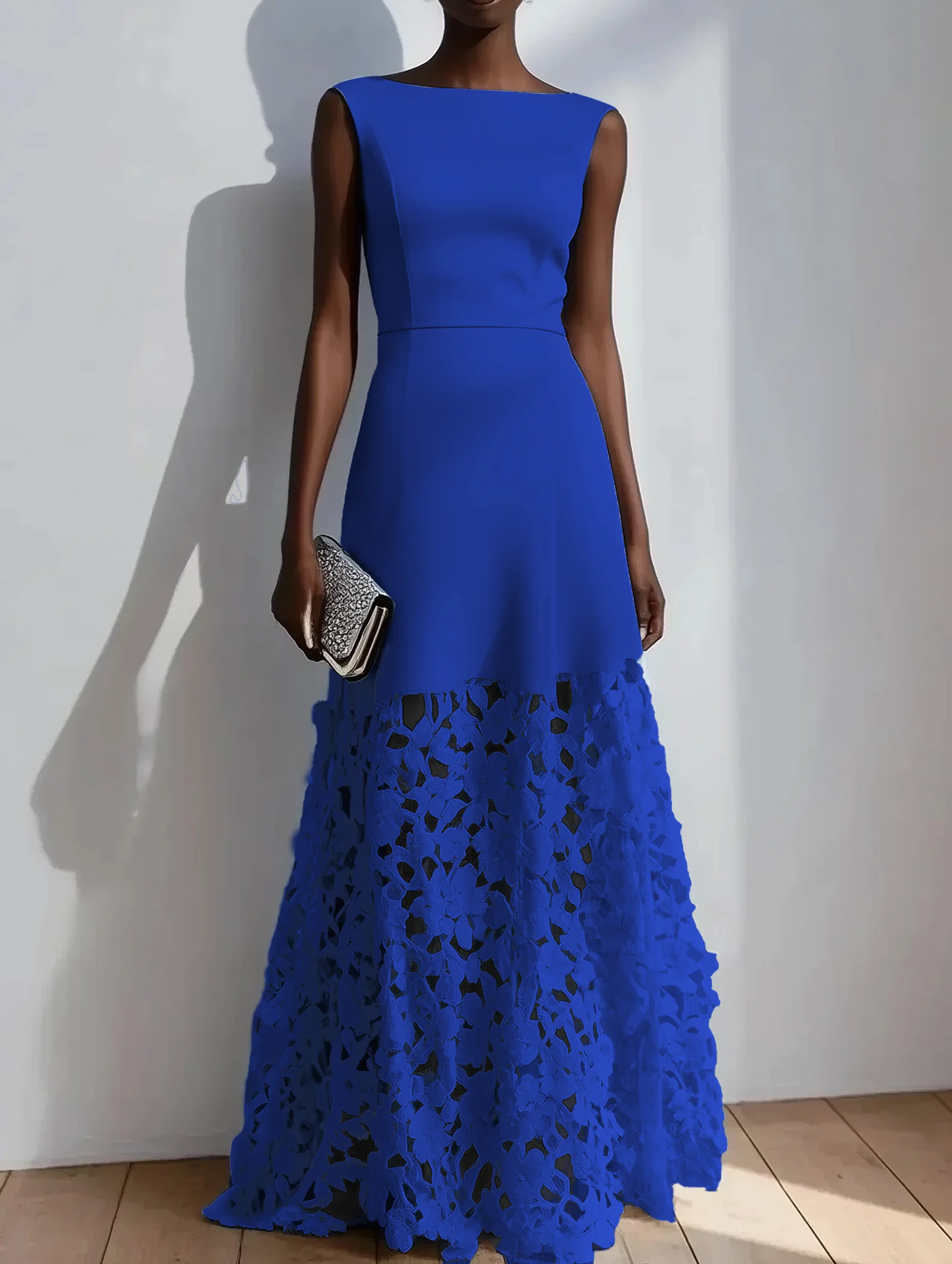 Light Blue Lace Classic Boat Neck Sleeveless A-Line Maxi Dress