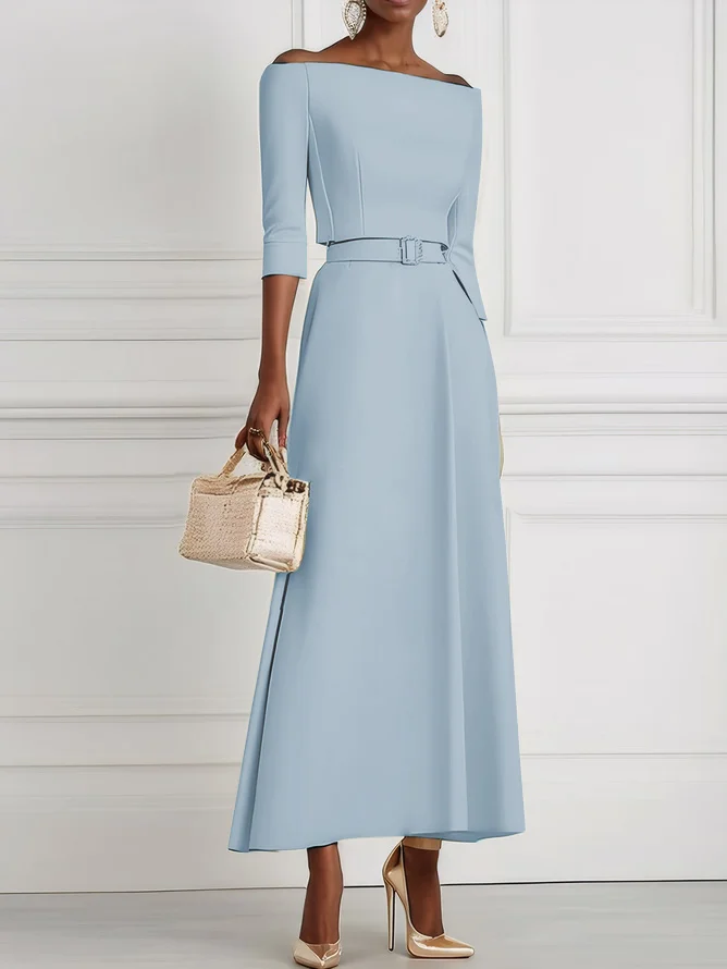 Light Blue Classic Off The Shoulder Half Sleeve A-Line Maxi Dress