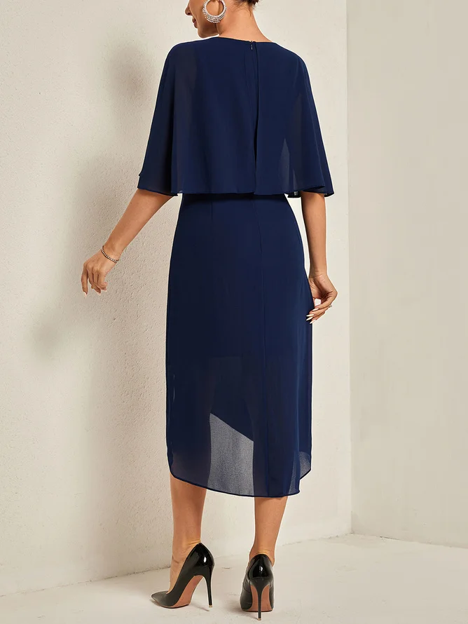 Purplish blue Asymmetric Chiffon Crew Neck Short Sleeve A-Line Midi Dress