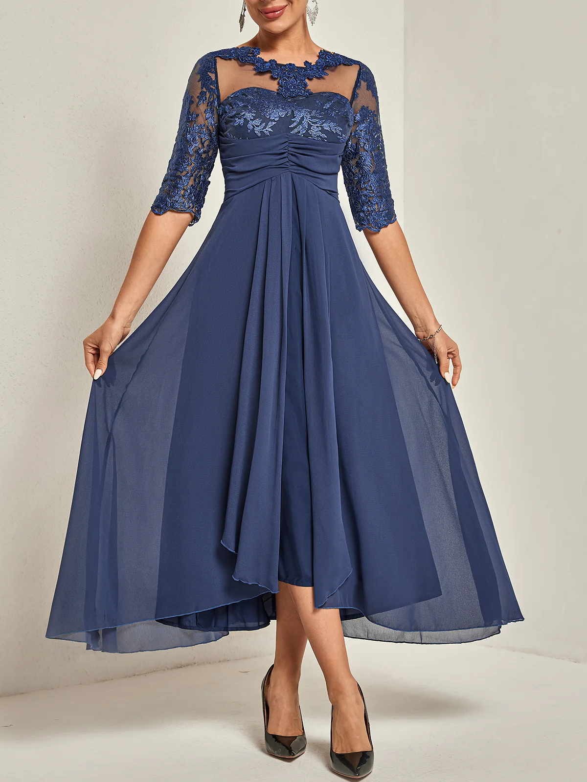 Purplish blue Asymmetric Chiffon Crew Neck Half Sleeve A-Line Maxi Dress