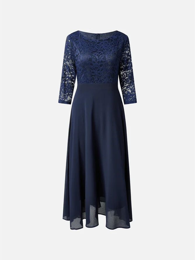 Purplish blue Lace Chiffon Crew Neck Half Sleeve A-Line Midi Dress