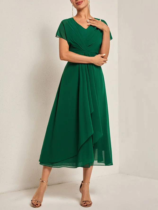 Green Asymmetric Chiffon V Neck Short Sleeve A-Line Midi Dress