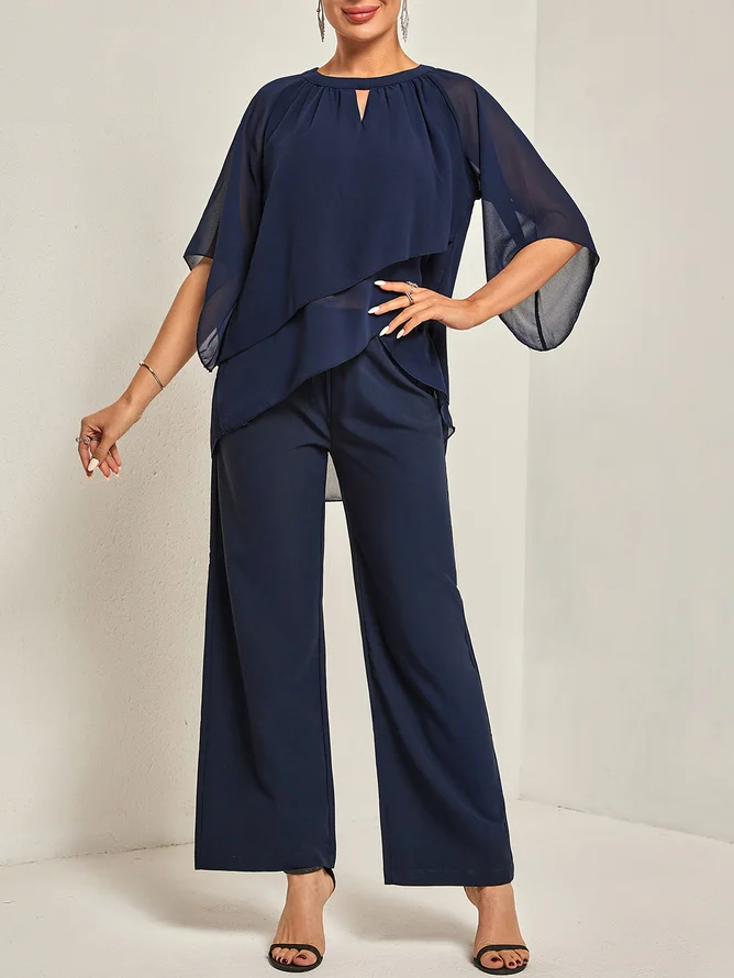 Women Chiffon Asymmetric Crew Neck Half Sleeve Two-Piece Set