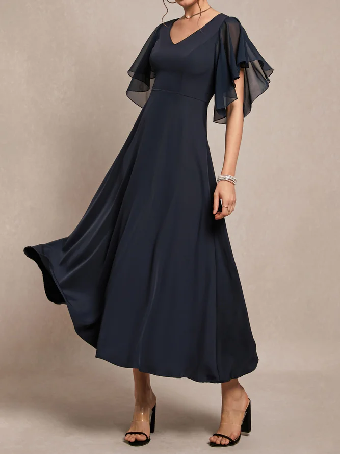 Purplish blue Chiffon V Neck Short Sleeve Bell Sleeve A-Line Midi Dress