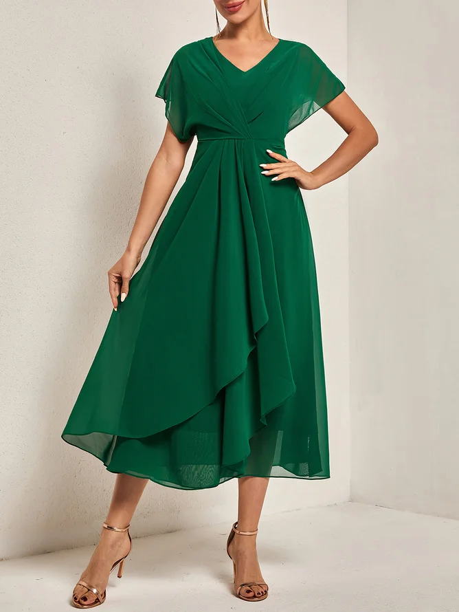 Green Asymmetric Chiffon V Neck Short Sleeve A-Line Midi Dress