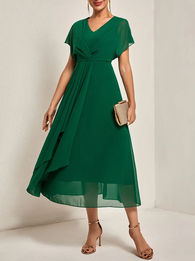 Green Asymmetric Chiffon V Neck Short Sleeve A-Line Midi Dress