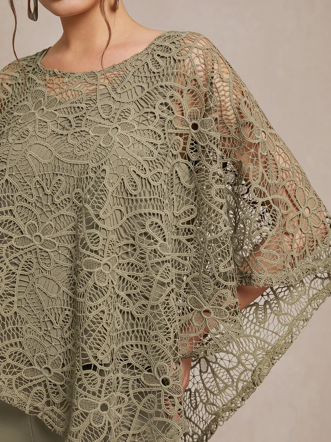 Army Green Women Lace Crew Neck Sleeve Chiffon Two-Piece Set