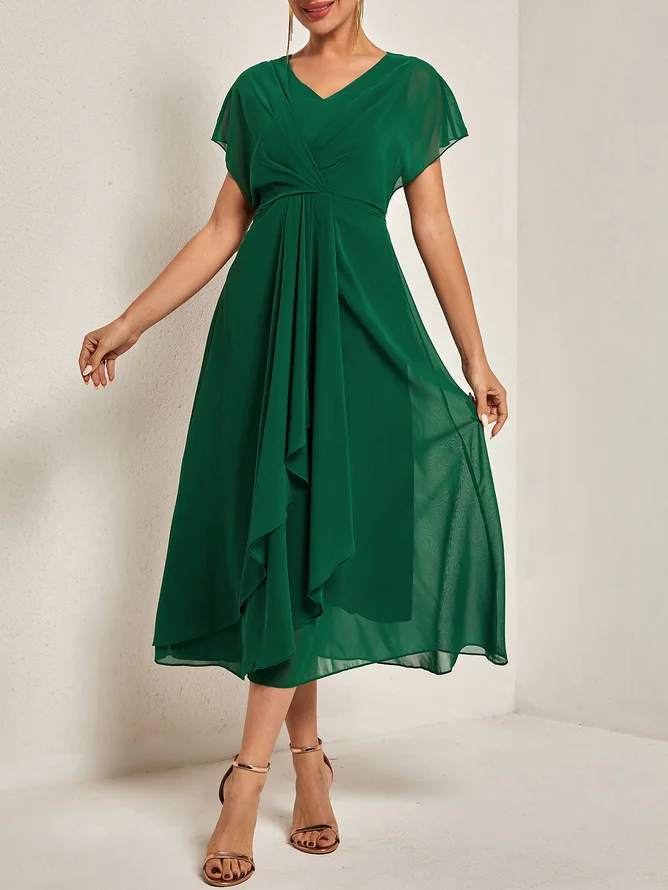 Green Asymmetric Chiffon V Neck Short Sleeve A-Line Midi Dress