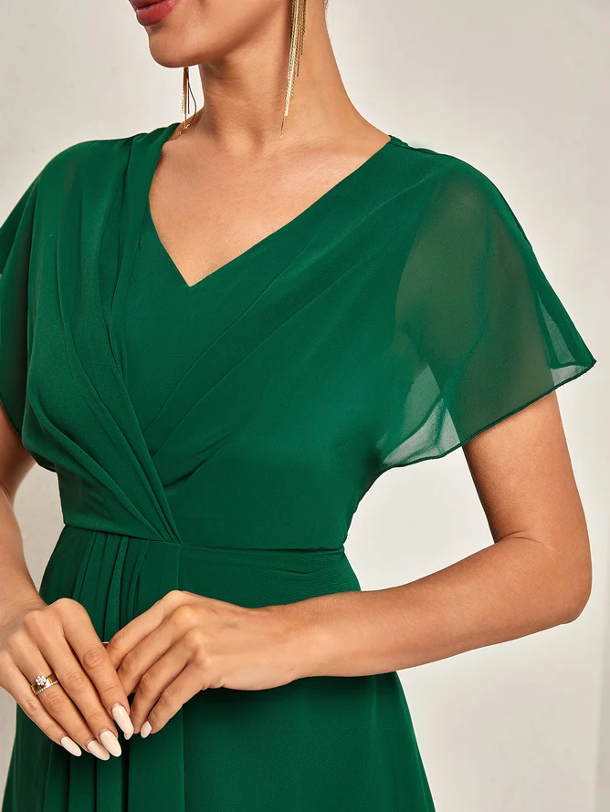 Green Asymmetric Chiffon V Neck Short Sleeve A-Line Midi Dress