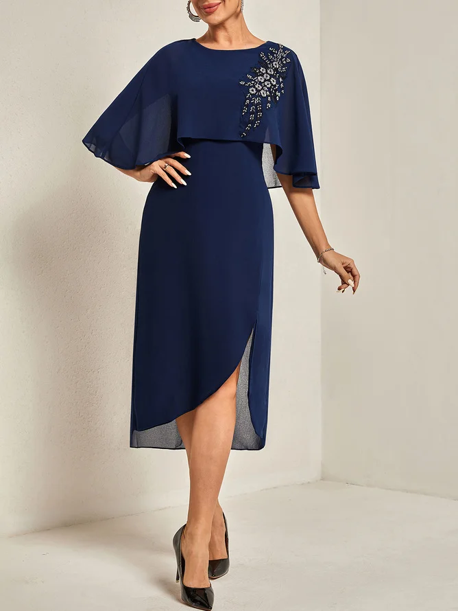 Purplish blue Asymmetric Chiffon Crew Neck Short Sleeve A-Line Midi Dress