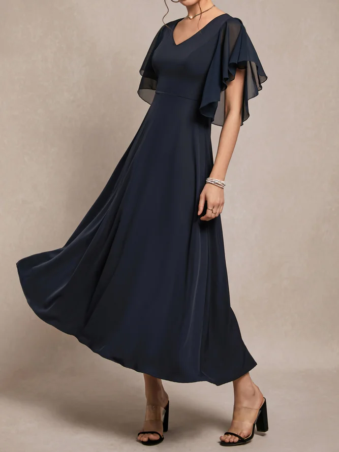 Purplish blue Chiffon V Neck Short Sleeve Bell Sleeve A-Line Midi Dress