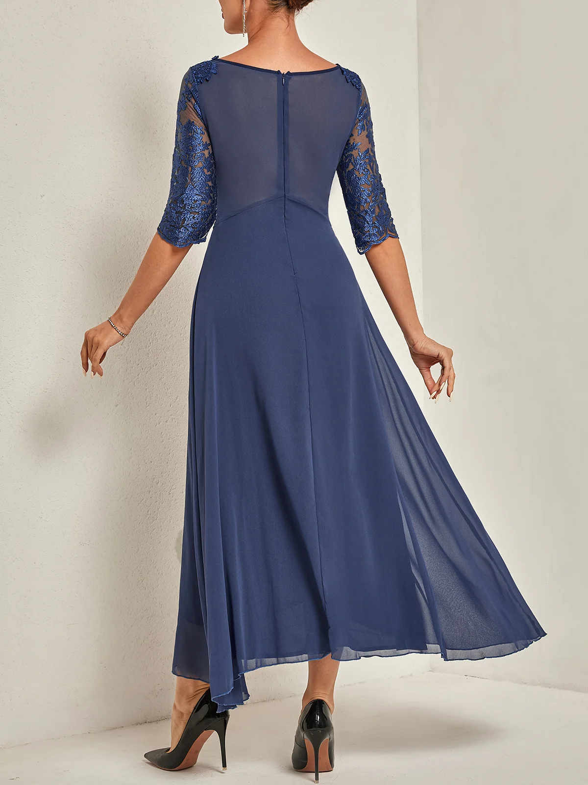 Purplish blue Asymmetric Chiffon Crew Neck Half Sleeve A-Line Maxi Dress