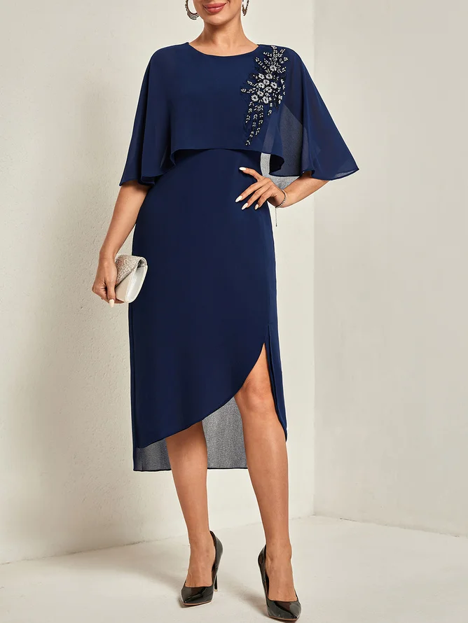 Purplish blue Asymmetric Chiffon Crew Neck Short Sleeve A-Line Midi Dress