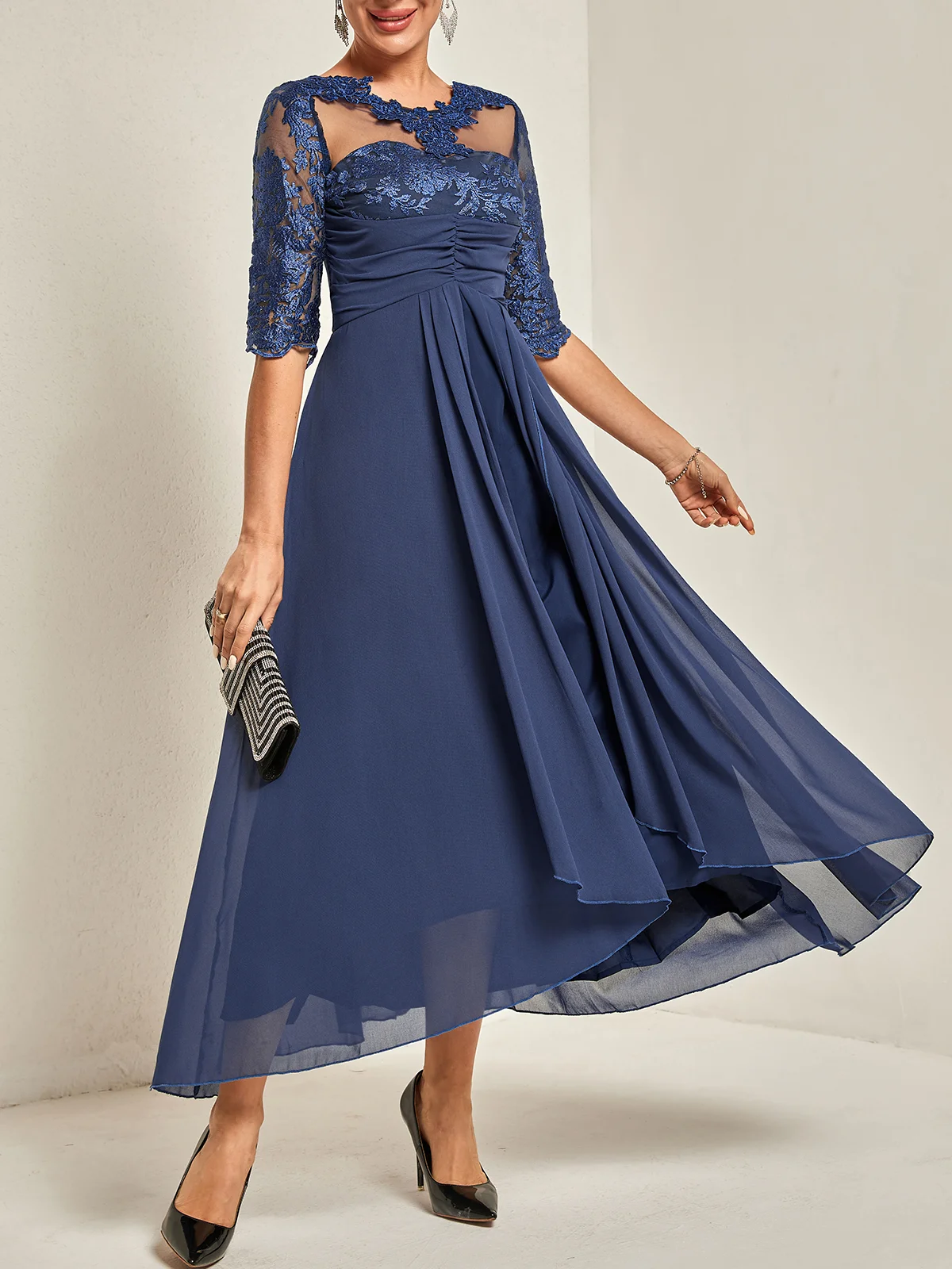 Purplish blue Asymmetric Chiffon Crew Neck Half Sleeve A-Line Maxi Dress