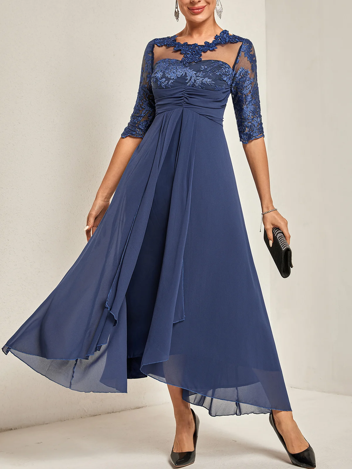 Purplish blue Asymmetric Chiffon Crew Neck Half Sleeve A-Line Maxi Dress