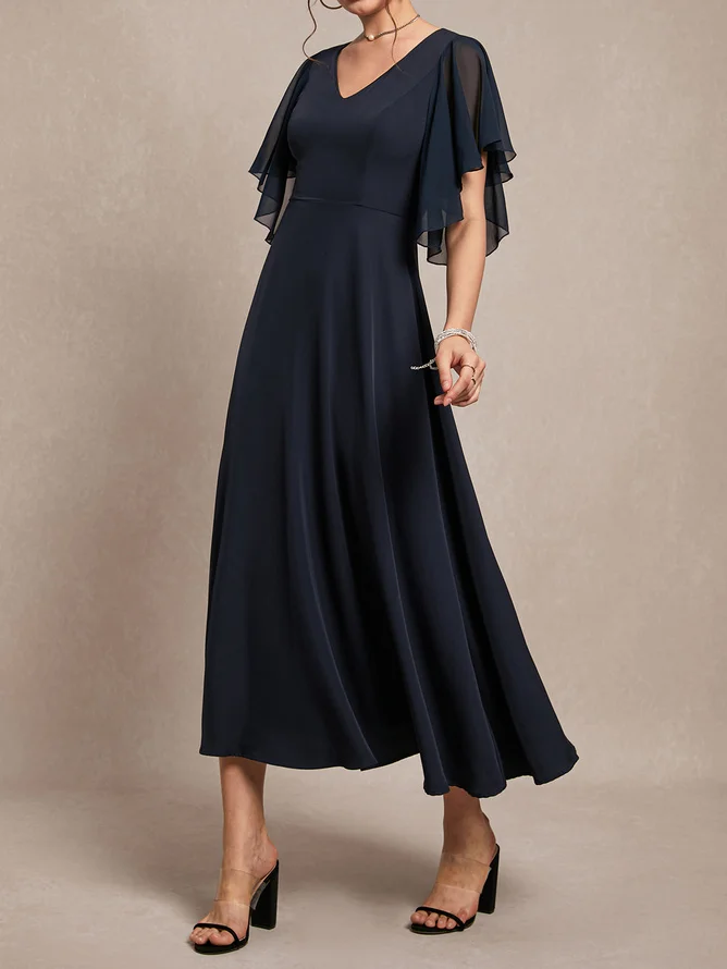 Purplish blue Chiffon V Neck Short Sleeve Bell Sleeve A-Line Midi Dress