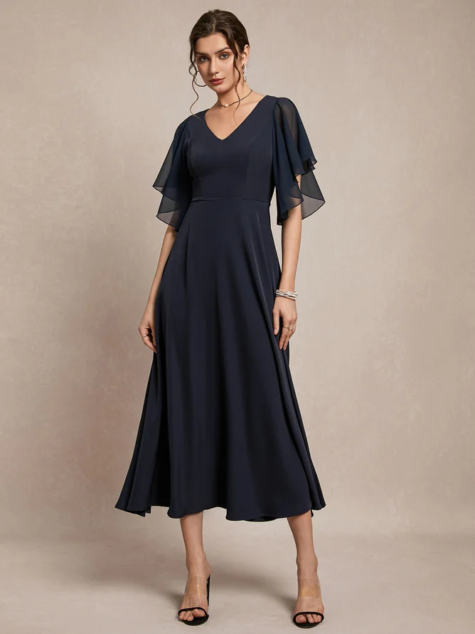 Purplish blue Chiffon V Neck Short Sleeve Bell Sleeve A-Line Midi Dress