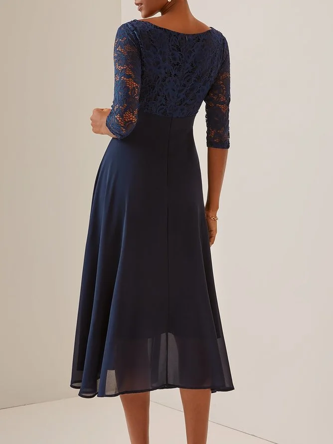 Purplish blue Lace Chiffon Crew Neck Half Sleeve A-Line Midi Dress