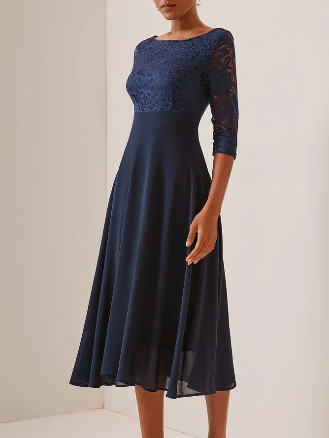 Purplish blue Lace Chiffon Crew Neck Half Sleeve A-Line Midi Dress