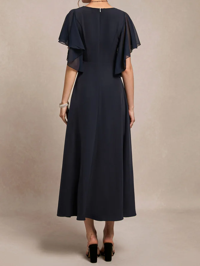 Purplish blue Chiffon V Neck Short Sleeve Bell Sleeve A-Line Midi Dress